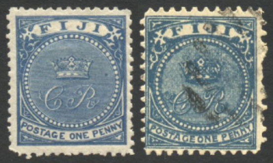 Марка Фиджи (1871): слева — настоящий экземпляр  (Скотт #15), справа — подделка Мерсье